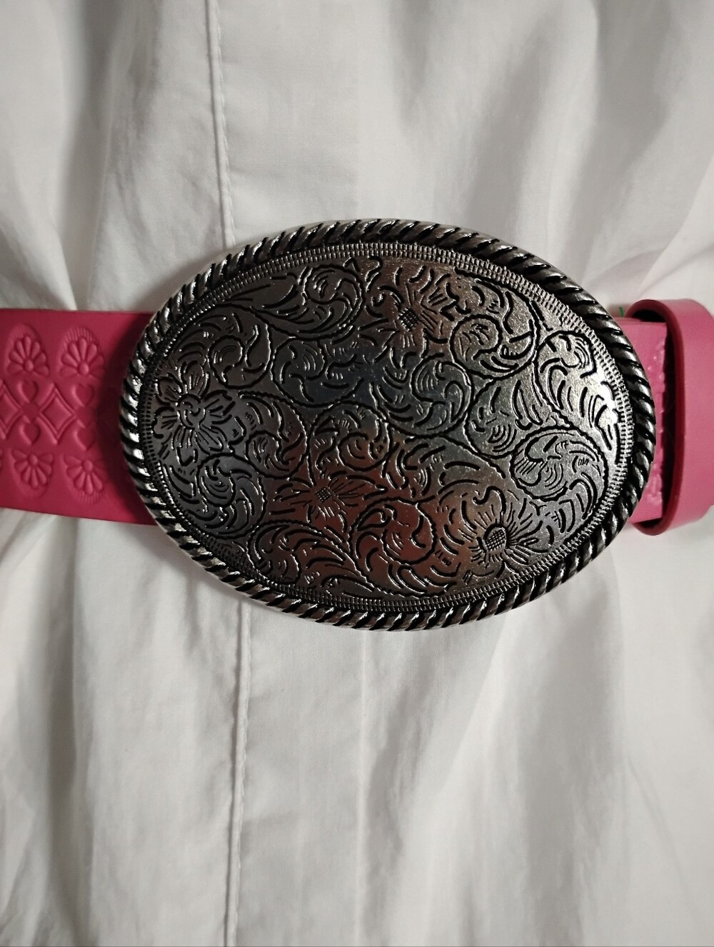 Western Southwestern Country Style Pink Belt Silver Etched Buckle Size Large